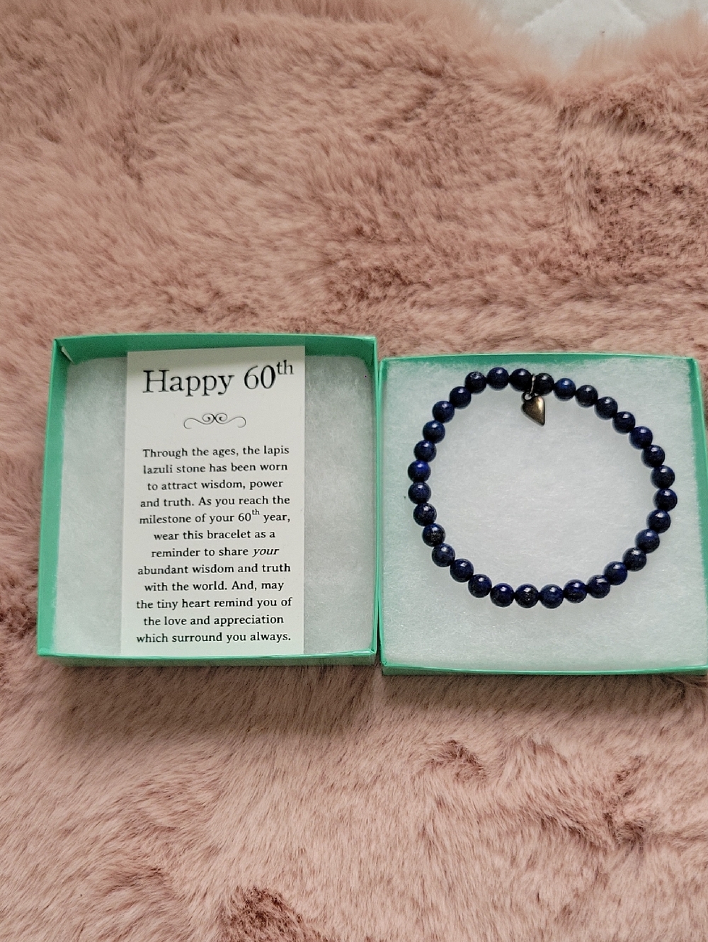 Lapis Lazuli Bead Stretch Bracelet with Heart Charm - Deep Blue